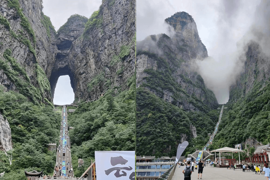 天门洞高差大，雨雾天气多的环境给作业带来挑战
